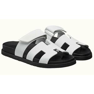 Hermes Chypre Sandal White Black Calfskin Leather H Logo Slide Slip On Flat 37.5